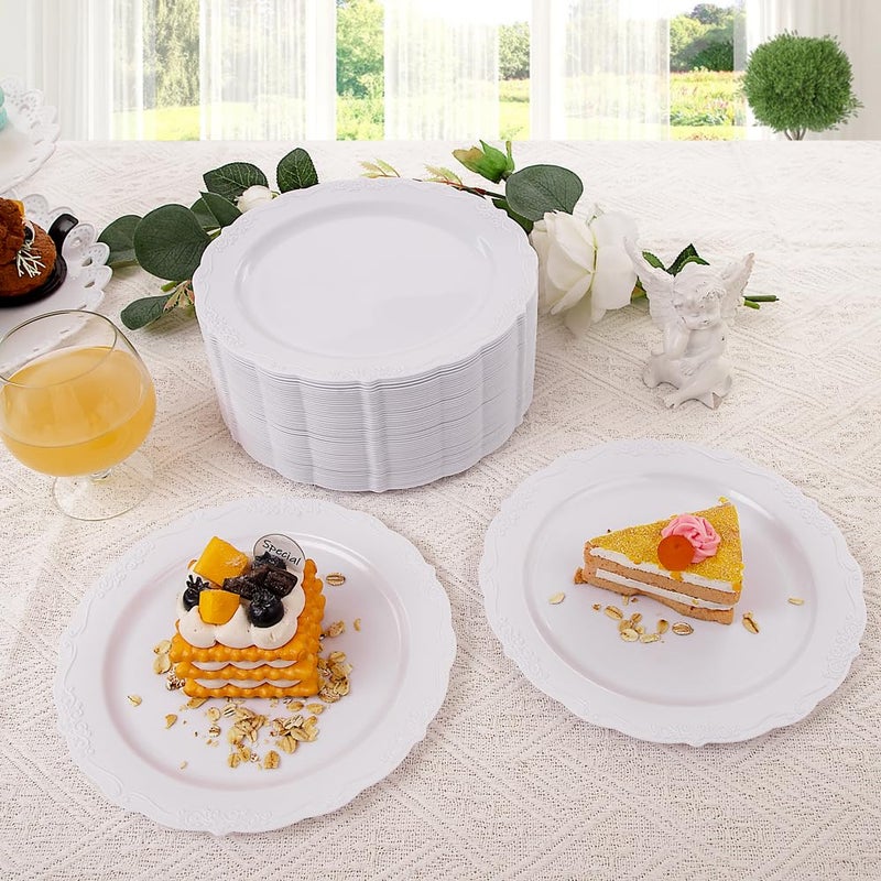 DaYammi 60PCS White Plastic Plates, Heavy Duty White Disposable Premium 7.5inch Dessert Cake Salad Appetizer Plates Hard Plastic Platos Disposable for Party Wedding - Image 3