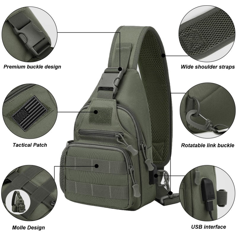 ZHIERNA Tactical Crossbody Bag for Men with Water Bottle Holder, MOLLE EDC Shoulder Sling Chest Bags with USB Charging Port for Travel Walk(Grey Green) - Image 3