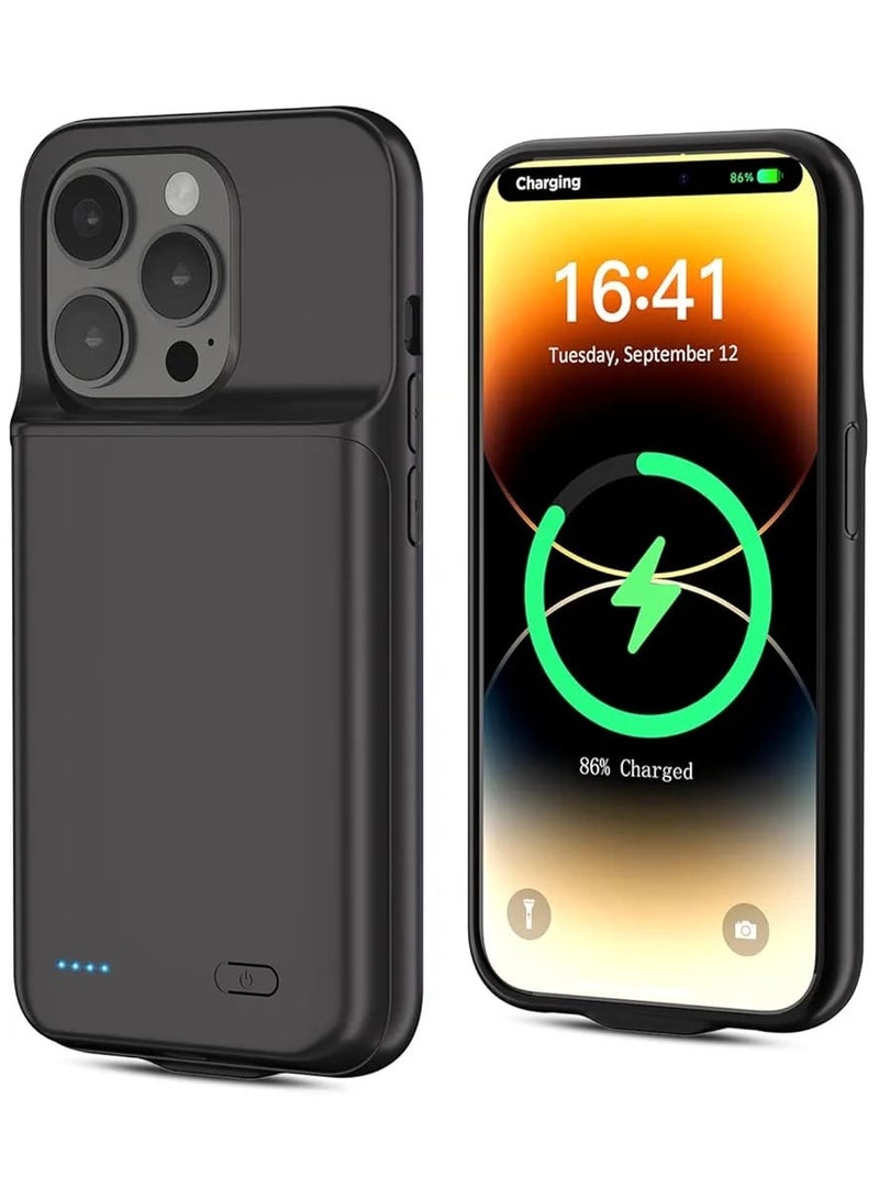 حافظة بطارية لهاتف iPhone 14 Pro Max - غطاء شحن محمول واقٍ بسعة 7000 مللي أمبير في الساعة، حزمة بطارية ممتدة قابلة لإعادة الشحن مع مؤشر LED ذكي - أسود - Image 1