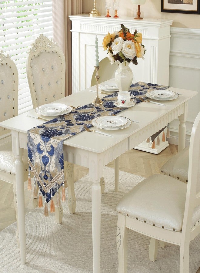 Fhberni Vintage Table Runner Jacquard Fabric with Multi-Tassels Table Runners for Dining Room Dresser Wedding Holiday Party Decorations (Blue, 11 x 98 inch) - Image 5