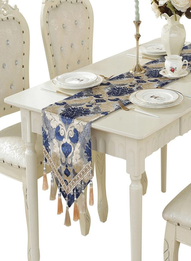 Fhberni Vintage Table Runner Jacquard Fabric with Multi-Tassels Table Runners for Dining Room Dresser Wedding Holiday Party Decorations (Blue, 11 x 98 inch) - Image 1