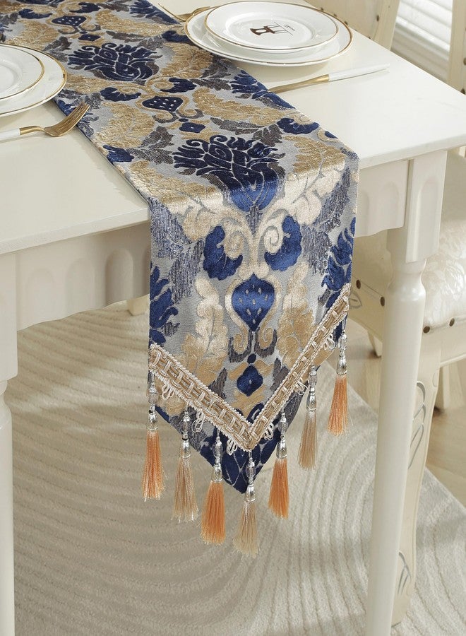 Fhberni Vintage Table Runner Jacquard Fabric with Multi-Tassels Table Runners for Dining Room Dresser Wedding Holiday Party Decorations (Blue, 11 x 98 inch) - Image 2