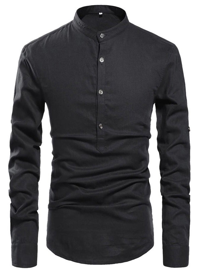 NITAGUT Men Henley Neck Long Sleeve Daily Look Linen Shirts, 03 Black, XL - Image 3