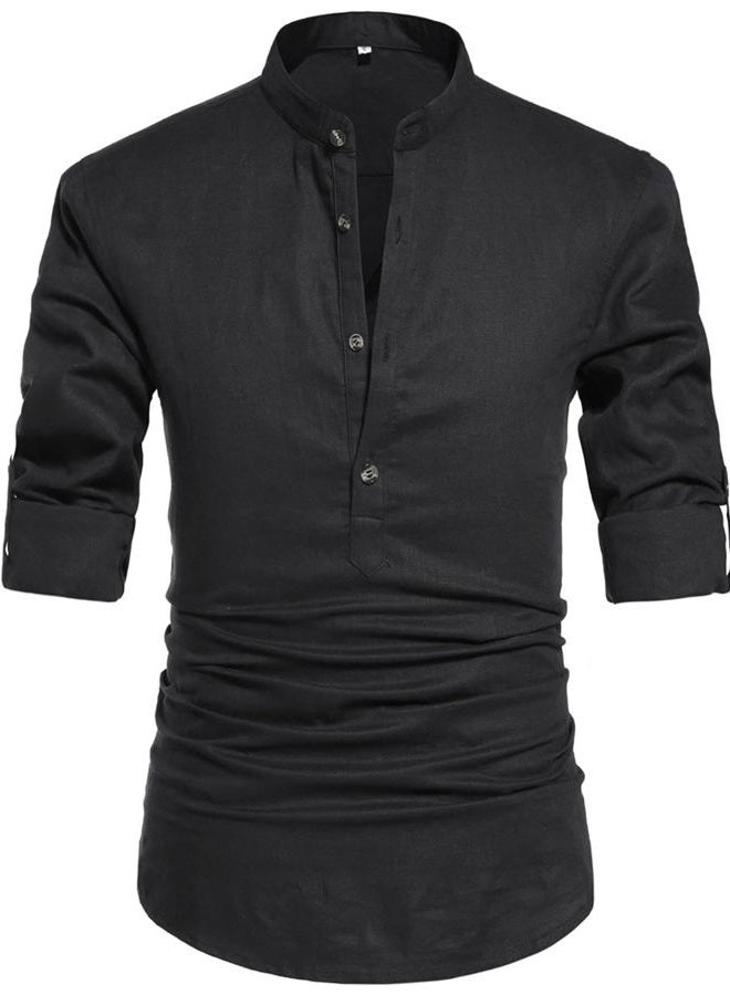 NITAGUT Men Henley Neck Long Sleeve Daily Look Linen Shirts, 03 Black, XL - Image 1