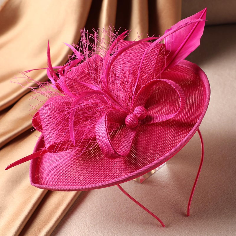 Zinniday Tea Party Hat for Women - Rose Red Derby Fascinator with Detachable Headband (9.64â€œx7.87â€ / Head Circumference 21.5â€œ-23.5â€) - Lightweight Feather & Polyester - Image 4