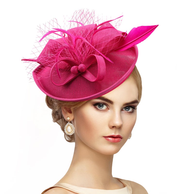 Zinniday Tea Party Hat for Women - Rose Red Derby Fascinator with Detachable Headband (9.64â€œx7.87â€ / Head Circumference 21.5â€œ-23.5â€) - Lightweight Feather & Polyester - Image 1