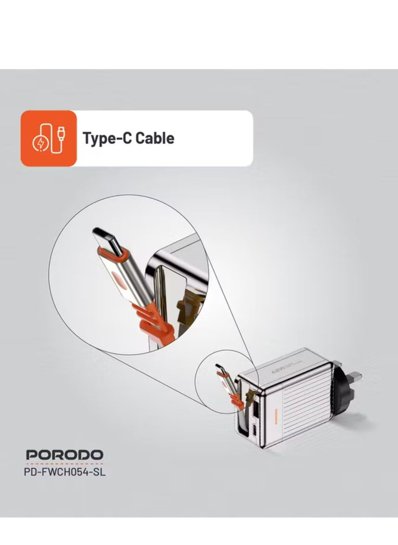 porodo Super Quick GaN Charger with 75cm Retractable Type-C Cable, 42W Power Delivery, Simultaneous Charging, 22.5W USB-A Output, Built-in Safeguards - Silver  - Image 2