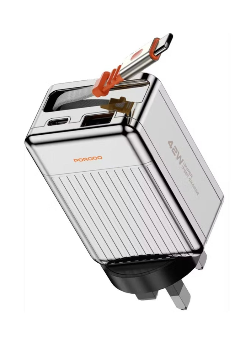 porodo Super Quick GaN Charger with 75cm Retractable Type-C Cable, 42W Power Delivery, Simultaneous Charging, 22.5W USB-A Output, Built-in Safeguards - Silver  - Image 1