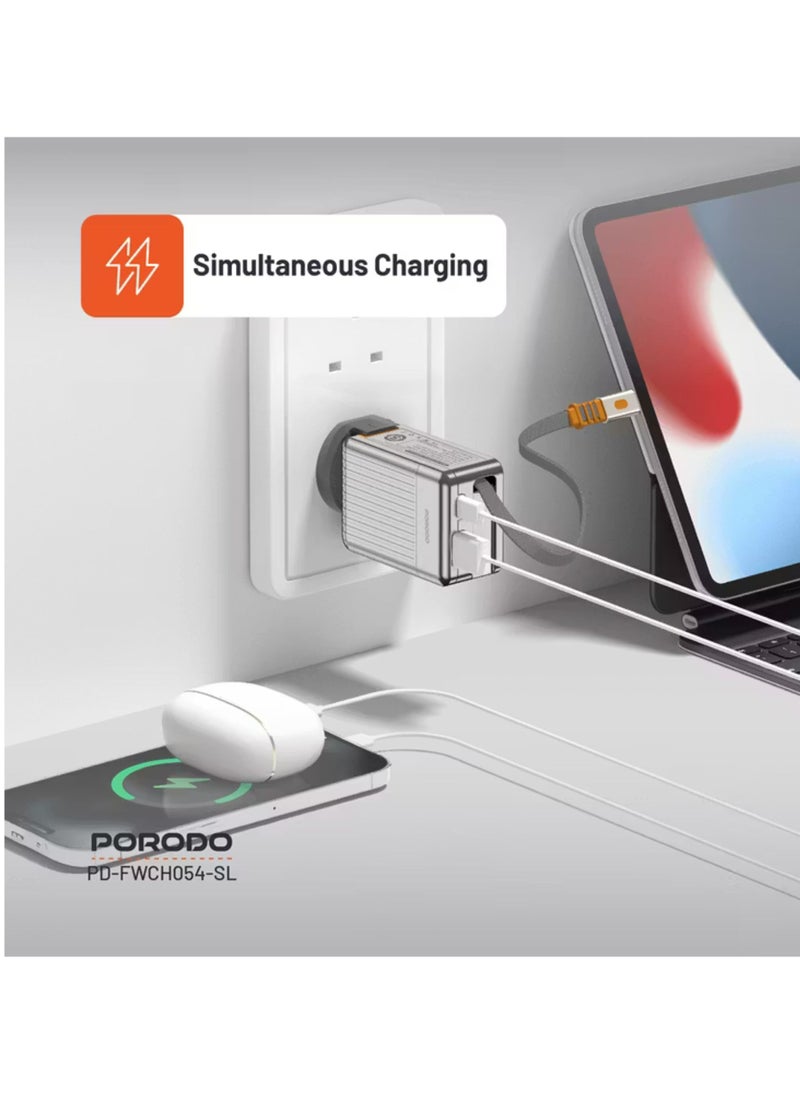 porodo Super Quick GaN Charger with 75cm Retractable Type-C Cable, 42W Power Delivery, Simultaneous Charging, 22.5W USB-A Output, Built-in Safeguards - Silver  - Image 5