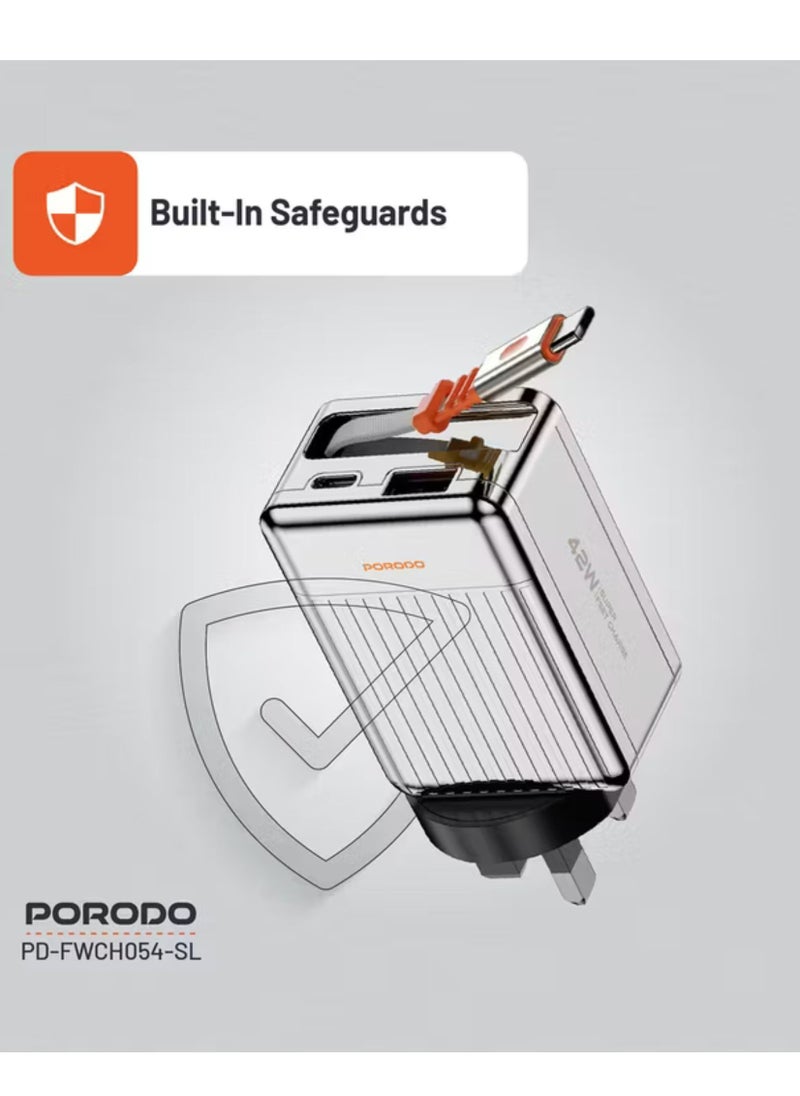 porodo Super Quick GaN Charger with 75cm Retractable Type-C Cable, 42W Power Delivery, Simultaneous Charging, 22.5W USB-A Output, Built-in Safeguards - Silver  - Image 4