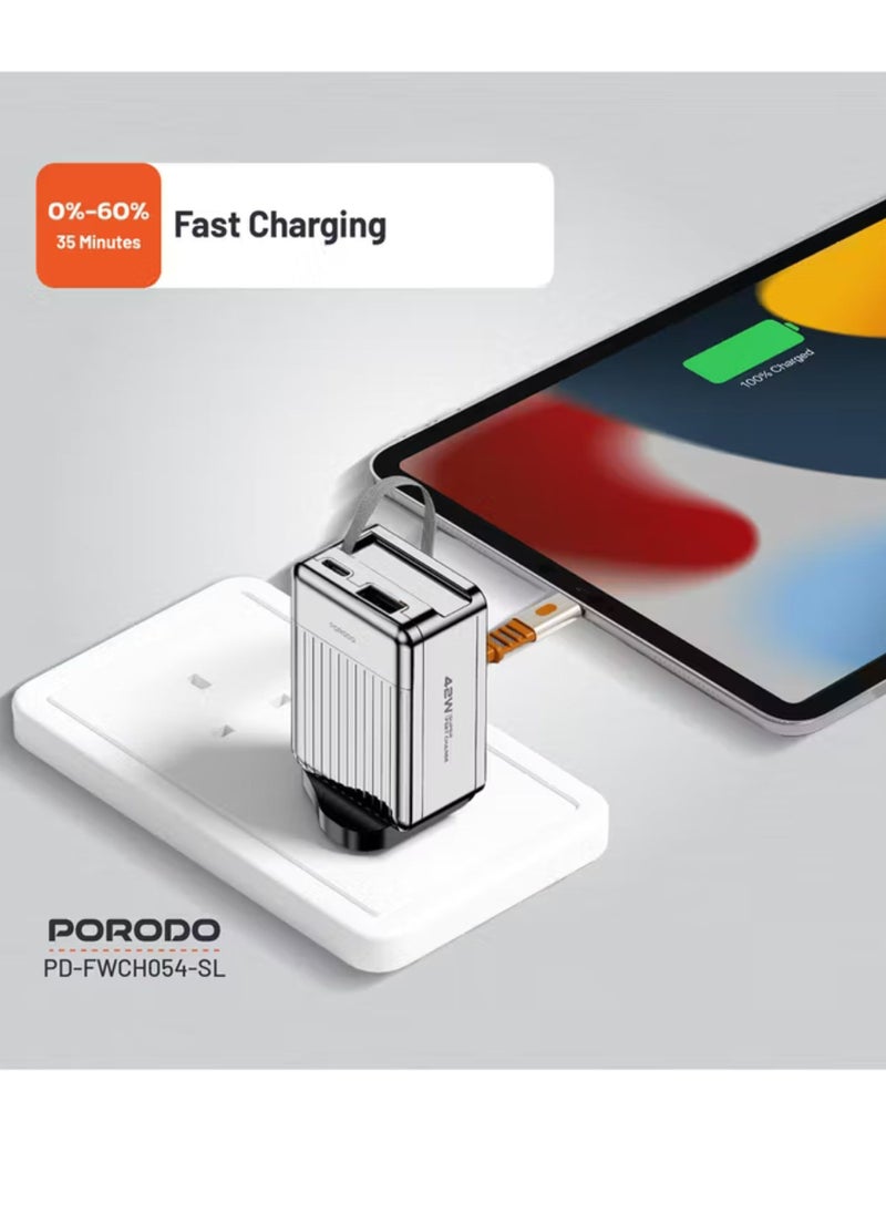 porodo Super Quick GaN Charger with 75cm Retractable Type-C Cable, 42W Power Delivery, Simultaneous Charging, 22.5W USB-A Output, Built-in Safeguards - Silver  - Image 3