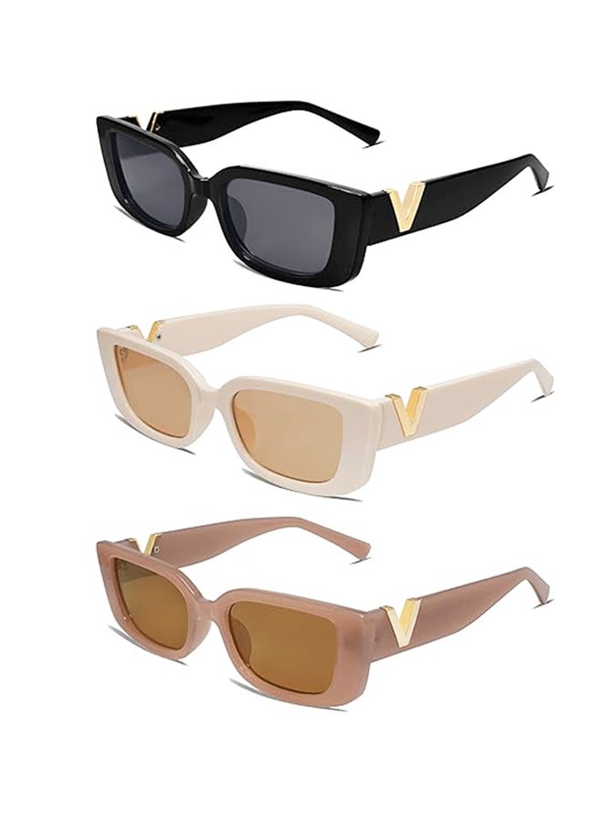 Bincoo 3PCS Retro Rectangle Sunglasses Eyeglass Women and Men Vintage Small Square Sun Protection Glasse UV400 Protection Sunglasses Vintage Driving Glasses 90’s Fashion Narrow Square Frame - Image 1