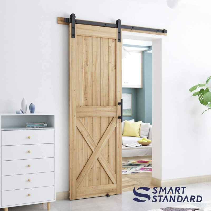 SMARTSTANDARD 5 FT Heavy Duty Sturdy Sliding Barn Door Hardware Kit, Black, (Whole Set Includes 1x Pull Handle Set & 1x Floor Guide) Fit 28''-30" Wide Door Panel (I Shape Hanger) - Image 2