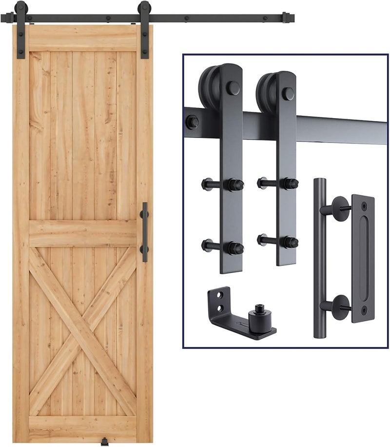 SMARTSTANDARD 5 FT Heavy Duty Sturdy Sliding Barn Door Hardware Kit, Black, (Whole Set Includes 1x Pull Handle Set & 1x Floor Guide) Fit 28''-30" Wide Door Panel (I Shape Hanger) - Image 1