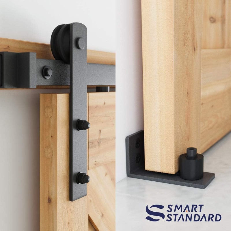 SMARTSTANDARD 5 FT Heavy Duty Sturdy Sliding Barn Door Hardware Kit, Black, (Whole Set Includes 1x Pull Handle Set & 1x Floor Guide) Fit 28''-30" Wide Door Panel (I Shape Hanger) - Image 3