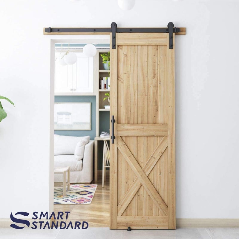 SMARTSTANDARD 5 FT Heavy Duty Sturdy Sliding Barn Door Hardware Kit, Black, (Whole Set Includes 1x Pull Handle Set & 1x Floor Guide) Fit 28''-30" Wide Door Panel (I Shape Hanger) - Image 5