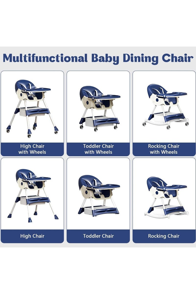 كرسي طعام مرتفع للأطفال 6 في 1 ، كرسي طعام ولعب قابل للطي مع صينية عشاء مزدوجة، عجلات قابلة للإزالة، رف ألعاب، كرسي هزاز قابل للإمالة، 6... - Image 2