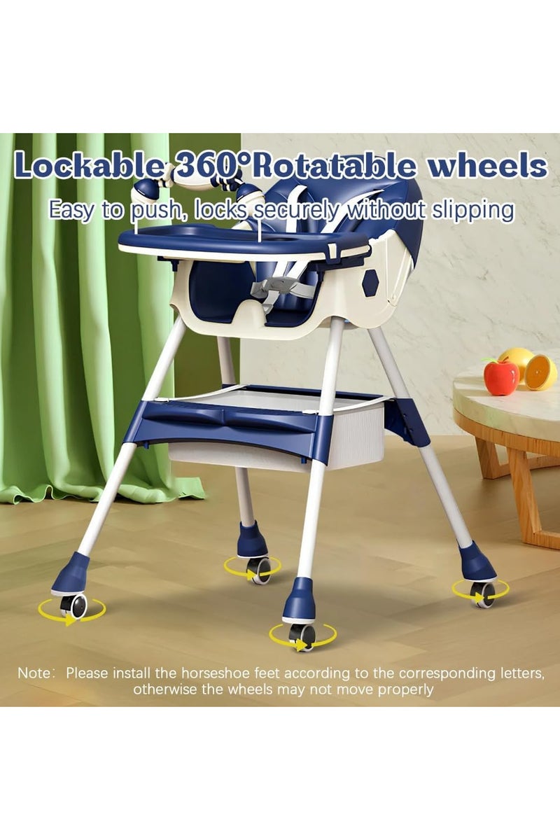 كرسي طعام مرتفع للأطفال 6 في 1 ، كرسي طعام ولعب قابل للطي مع صينية عشاء مزدوجة، عجلات قابلة للإزالة، رف ألعاب، كرسي هزاز قابل للإمالة، 6... - Image 3