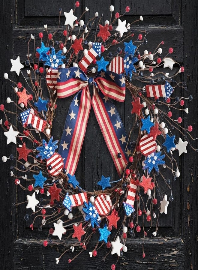 Egolot 22 Inch Patriotic Glitter Star Pineapple Rocket Wreath for Front Door, Forth of July Red White Blue Wreath with Bow for Indoor Outdoor, Memorial Day Independence Day Home Decor Wreaths - Image 1