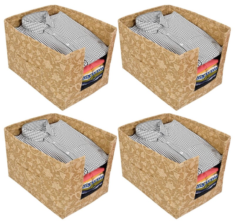 Kuber Industries Metallic Print 4 Pieces Non Woven Shirt StackerShirt Organizer Wardrobe Organizer BeigeKUBMART1644 Standard - Image 1