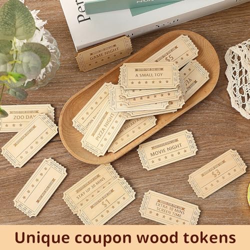 CypherX Kids Reward Tokens, Unique Birthday Wooden Tokens for Kids, 24 Redeemable Tokens + 3 Blank DIY Tokens, Coupon Shaped (Not for Easter Eggs) - Image 2