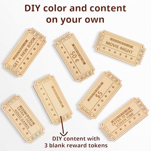CypherX Kids Reward Tokens, Unique Birthday Wooden Tokens for Kids, 24 Redeemable Tokens + 3 Blank DIY Tokens, Coupon Shaped (Not for Easter Eggs) - Image 4