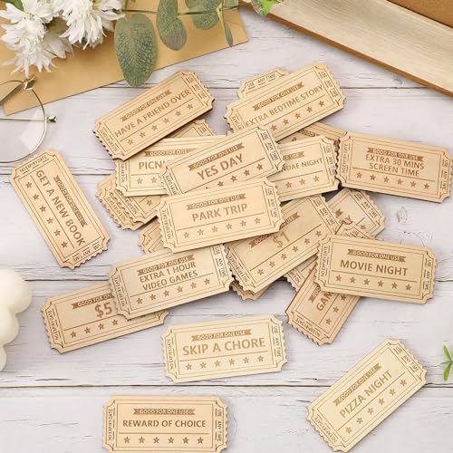 CypherX Kids Reward Tokens, Unique Birthday Wooden Tokens for Kids, 24 Redeemable Tokens + 3 Blank DIY Tokens, Coupon Shaped (Not for Easter Eggs) - Image 1