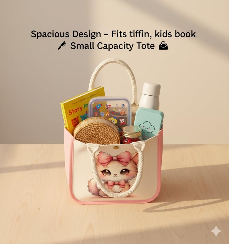 HOBBY INDIA Kids Lunch Bag | Cute & Stylish Mini Tiffin Bag for Boys & Girls | Cute Cotton Cartoon Design I Perfect For Picnic Tuition School, Preschool & Playschool (Cat) - Image 3