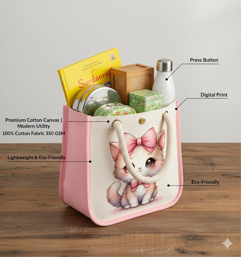 HOBBY INDIA Kids Lunch Bag | Cute & Stylish Mini Tiffin Bag for Boys & Girls | Cute Cotton Cartoon Design I Perfect For Picnic Tuition School, Preschool & Playschool (Cat) - Image 4
