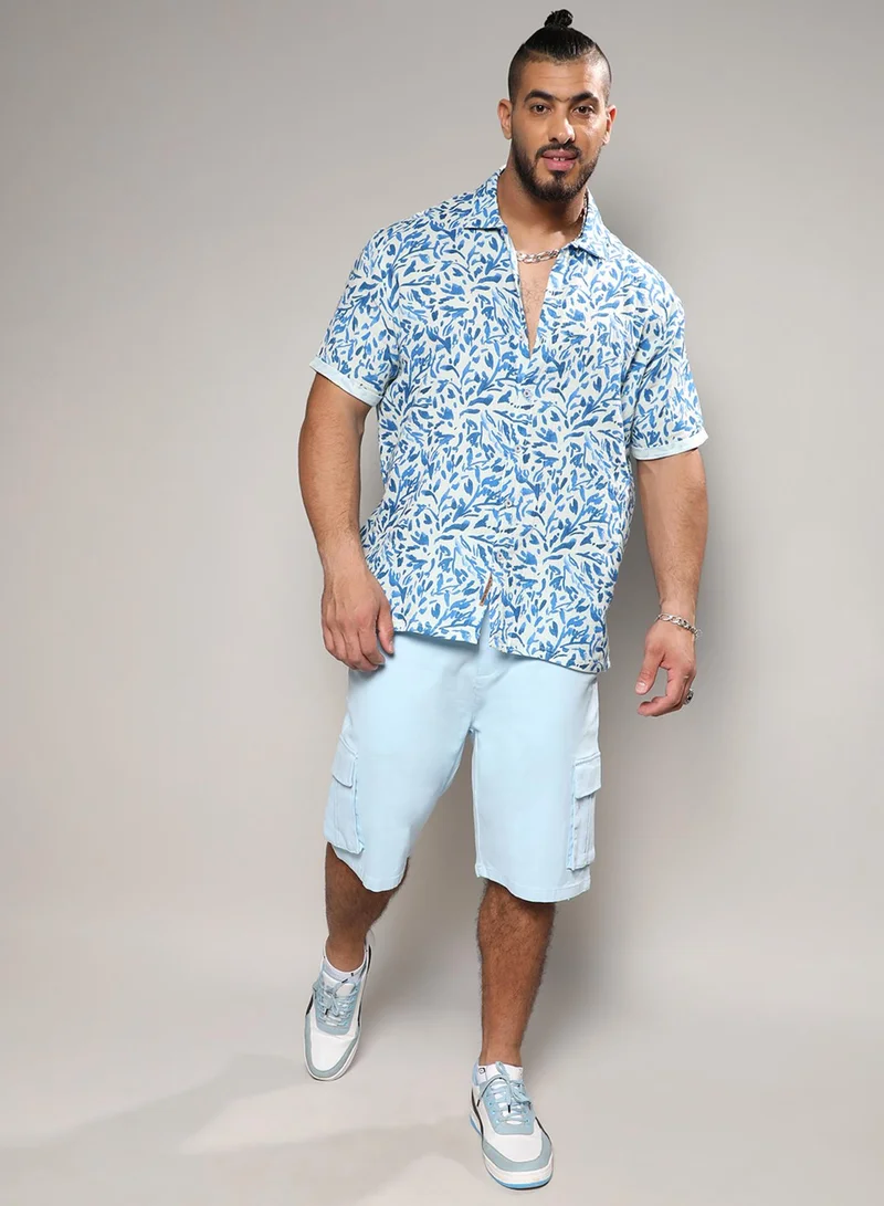 Instafab Plus Instafab Plus Men's Blue Foliage Strokes Shirt For Casual Wear | Spread Collar | Short Sleeve | Button Closure | Cotton Shirt Crafted With Comfort Fit For Everyday Wear