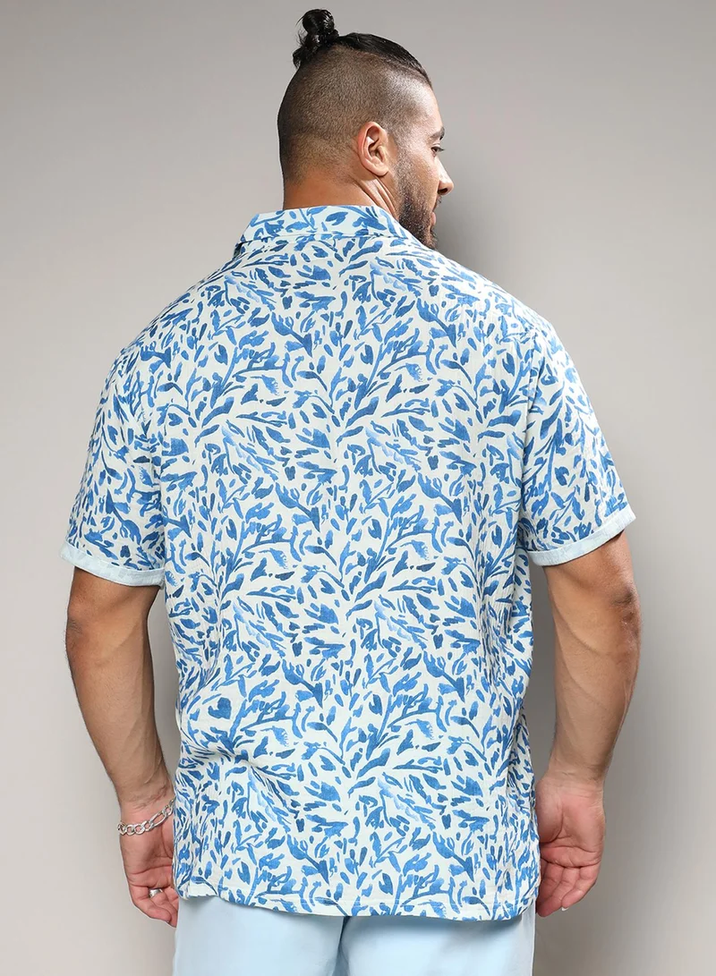 Instafab Plus Instafab Plus Men's Blue Foliage Strokes Shirt For Casual Wear | Spread Collar | Short Sleeve | Button Closure | Cotton Shirt Crafted With Comfort Fit For Everyday Wear