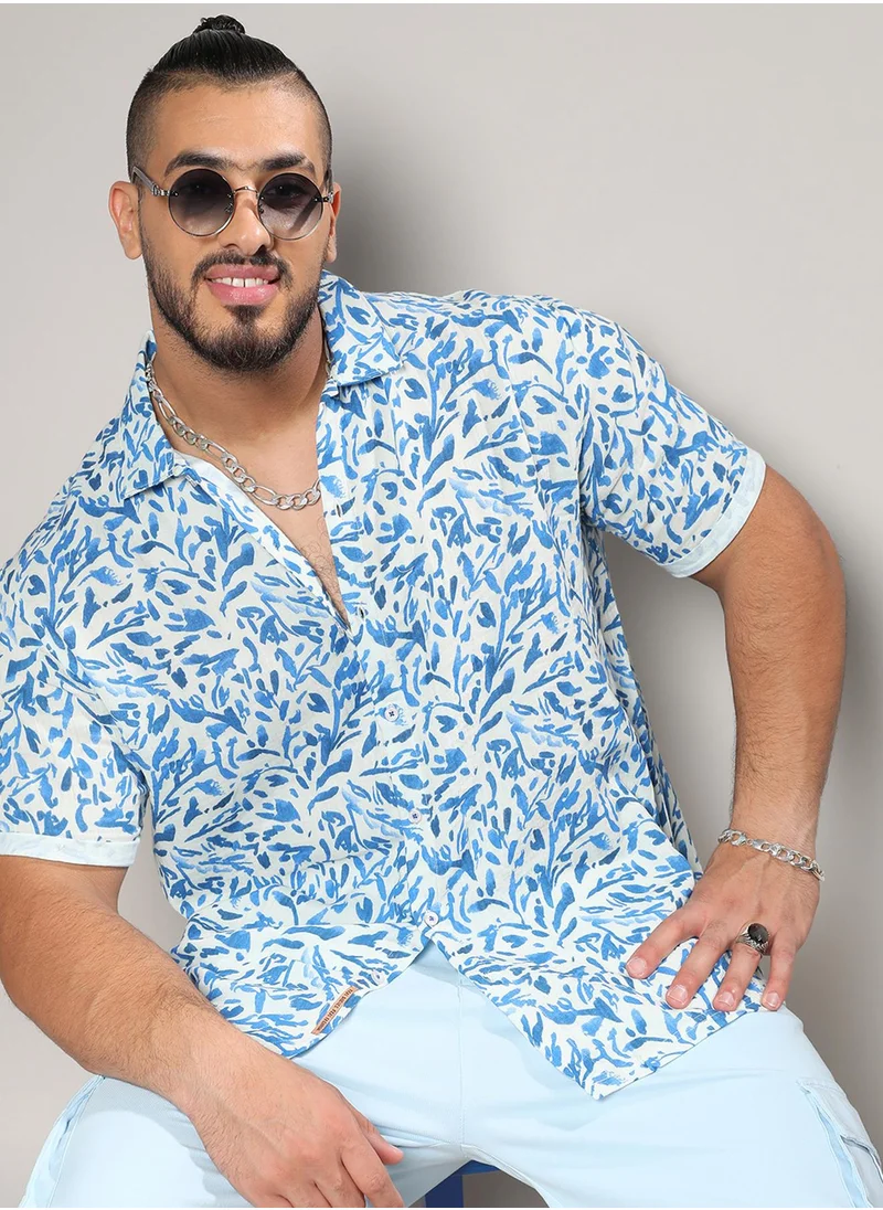 Instafab Plus Instafab Plus Men's Blue Foliage Strokes Shirt For Casual Wear | Spread Collar | Short Sleeve | Button Closure | Cotton Shirt Crafted With Comfort Fit For Everyday Wear