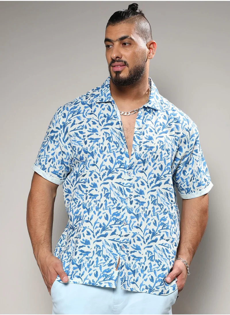 Instafab Plus Instafab Plus Men's Blue Foliage Strokes Shirt For Casual Wear | Spread Collar | Short Sleeve | Button Closure | Cotton Shirt Crafted With Comfort Fit For Everyday Wear