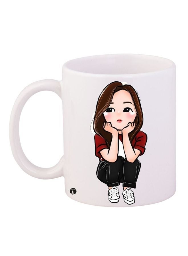 Cartoon Girl Printed Coffee Mug White/Beige/Brown 11ounce