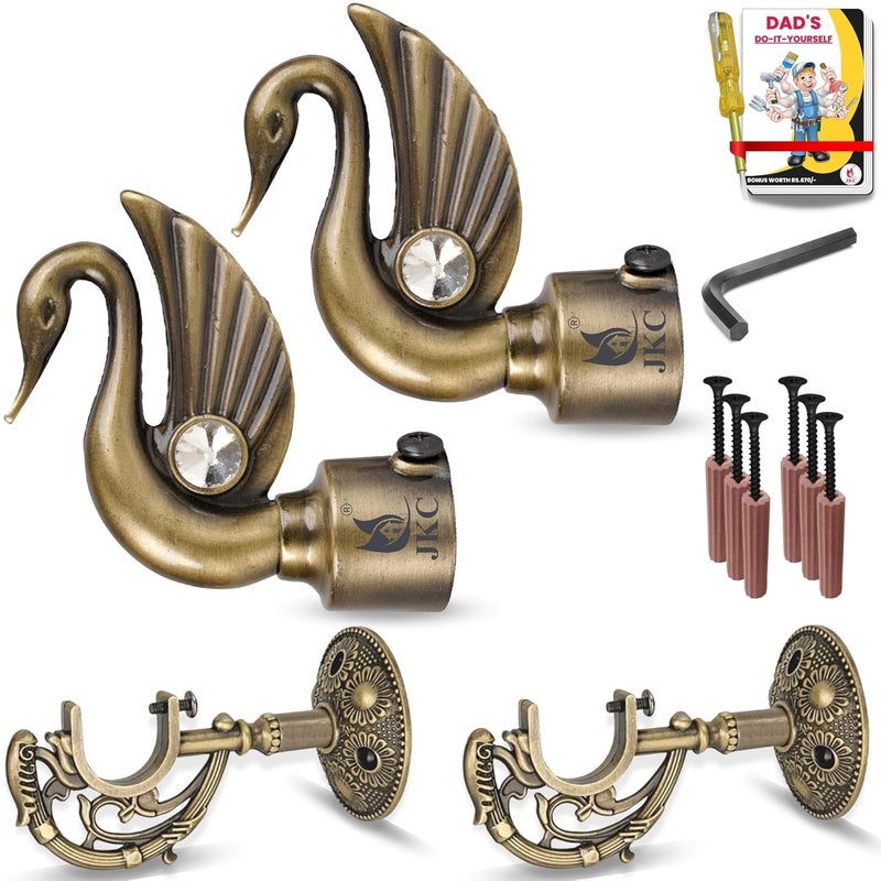 JKC Peacock Golden Zinc Alloy Curtain Bracket and Holder Set Complete Solution for 1 Inch Curtain Rods and Home Decor Needs Includes EBook 2 Brackets and 2 Supports - Image 1
