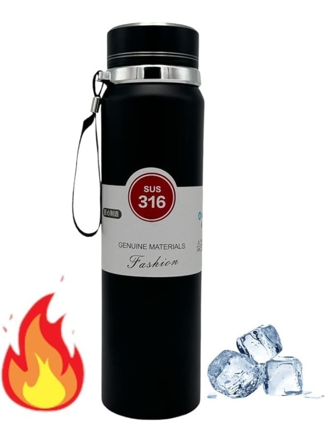 Black thermal bottle with a metallic finish ✨ 800ml container — the next generation for work, school, or study. Made from high-quality materials to keep drinks hot for long periods 🔥❄️ New design with a leak-proof lid and a handy helping hand. New technology, giving you a unique experience anytime, anywhere. 🧊☕ - Image 1