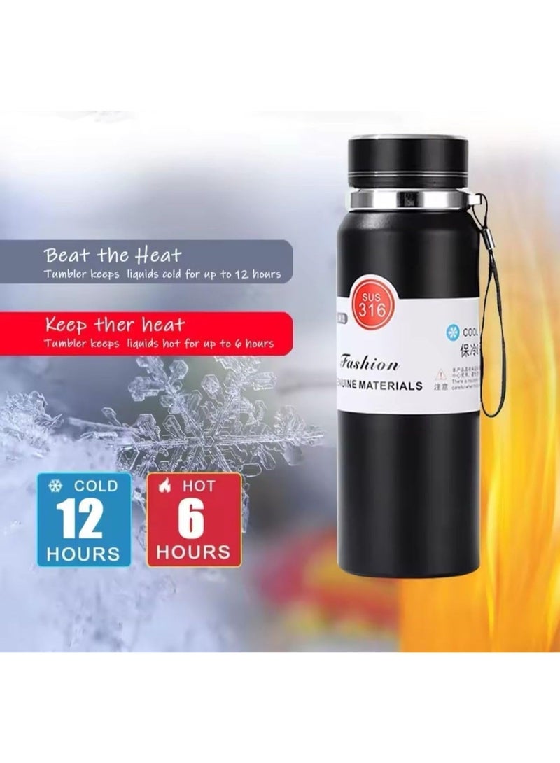 Black thermal bottle with a metallic finish ✨ 800ml container — the next generation for work, school, or study. Made from high-quality materials to keep drinks hot for long periods 🔥❄️ New design with a leak-proof lid and a handy helping hand. New technology, giving you a unique experience anytime, anywhere. 🧊☕ - Image 2