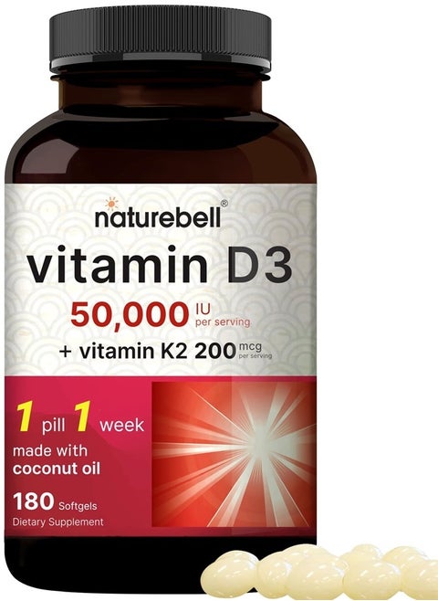 Vitamin D3 50,000 iu with K2 200 mcg, 180 Coconut Oil Softgels | Vitamins D as Cholecalciferol & K as MK-7 | Max Strength Bone, Heart, Immune, & Calcium Support | Once Weekly, Non-GMO