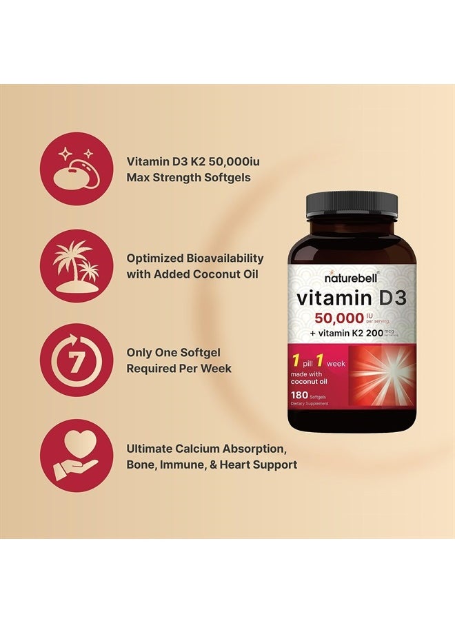 Vitamin D3 50,000 iu with K2 200 mcg, 180 Coconut Oil Softgels | Vitamins D as Cholecalciferol & K as MK-7 | Max Strength Bone, Heart, Immune, & Calcium Support | Once Weekly, Non-GMO