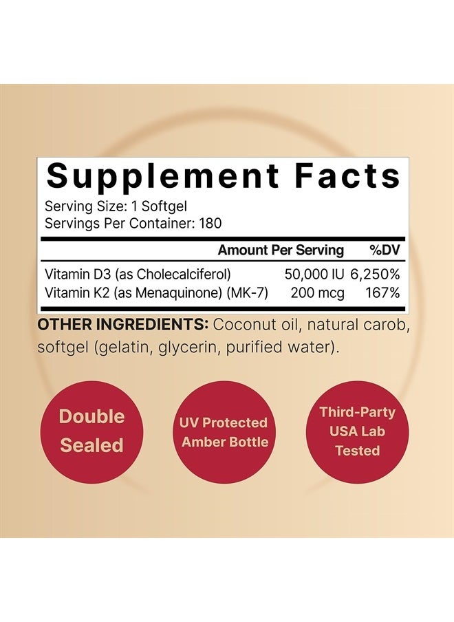 Vitamin D3 50,000 iu with K2 200 mcg, 180 Coconut Oil Softgels | Vitamins D as Cholecalciferol & K as MK-7 | Max Strength Bone, Heart, Immune, & Calcium Support | Once Weekly, Non-GMO