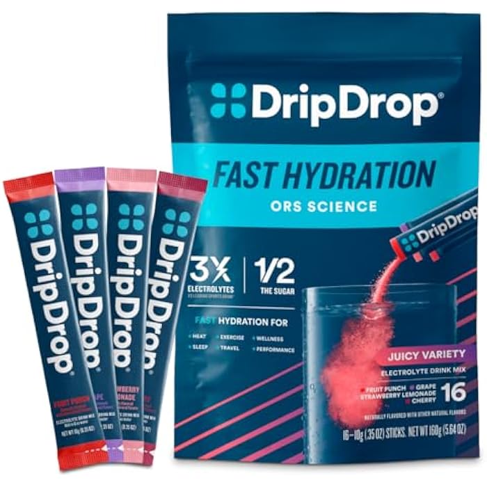 DripDrop Hydration Packets - Juicy Variety Pack - Single Serve Electrolytes Powder Drink Mix - Grape, Fruit Punch, Strawberry Lemonade, Cherry - Non-GMO, Gluten Free, Vegan - 16 Sticks - Image 1