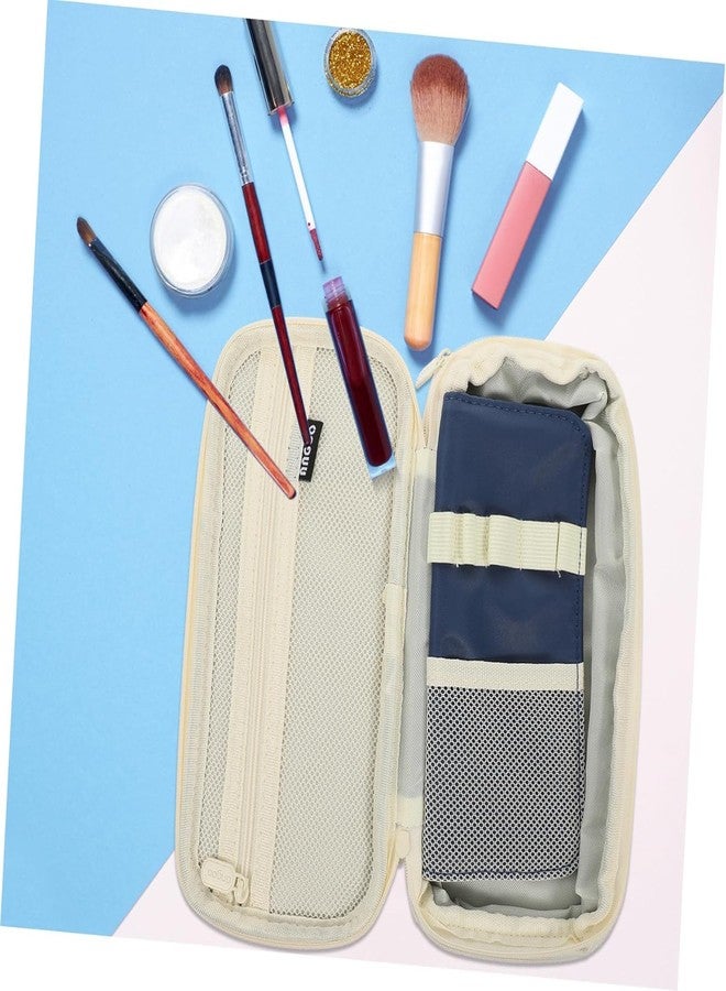 BESTOTTAM Large Capacity Pencil Case, Double Layer Canvas Storage Pouch, Navy Blue and Beige, Mesh Design with Zipper Compartments for School and Office Supplies - Image 4
