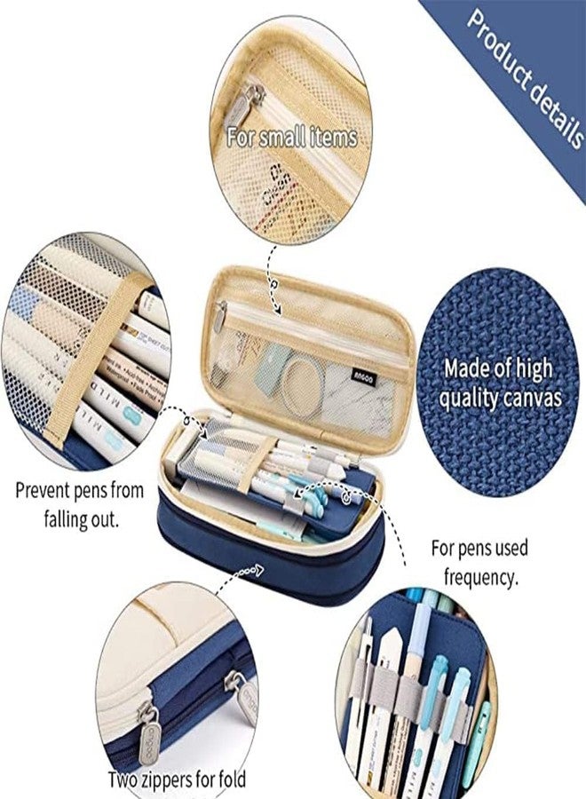 BESTOTTAM Large Capacity Pencil Case, Double Layer Canvas Storage Pouch, Navy Blue and Beige, Mesh Design with Zipper Compartments for School and Office Supplies - Image 5