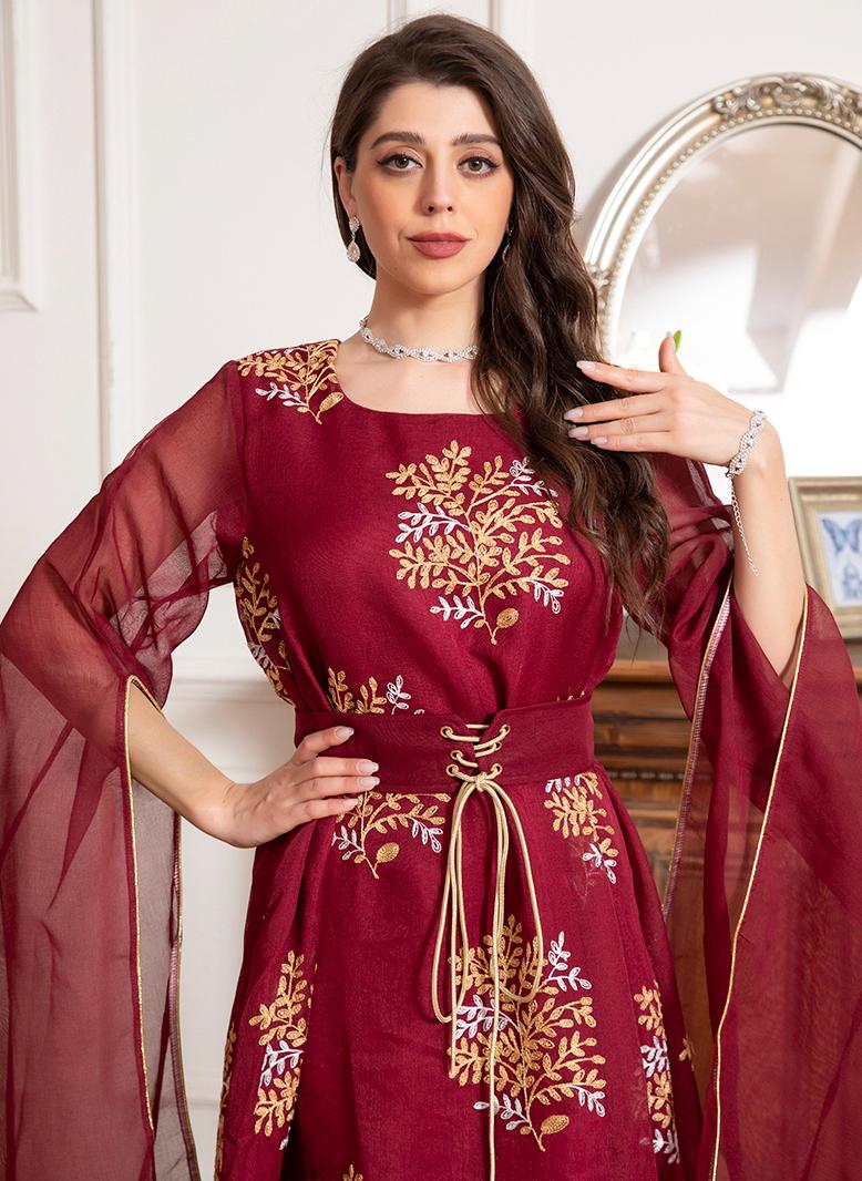 فرايديين انيق دائري زهري تباين اللون حزام تطريز الكم المشقوق قفطان احمر - Image 3