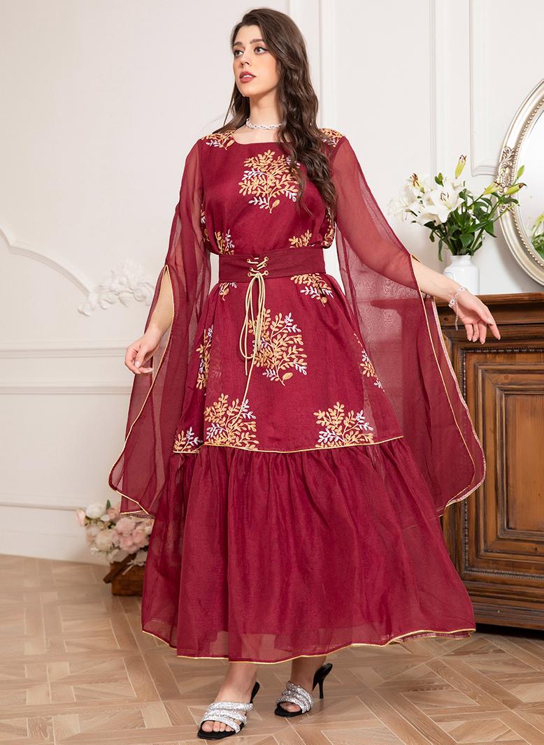 فرايديين انيق دائري زهري تباين اللون حزام تطريز الكم المشقوق قفطان احمر - Image 4