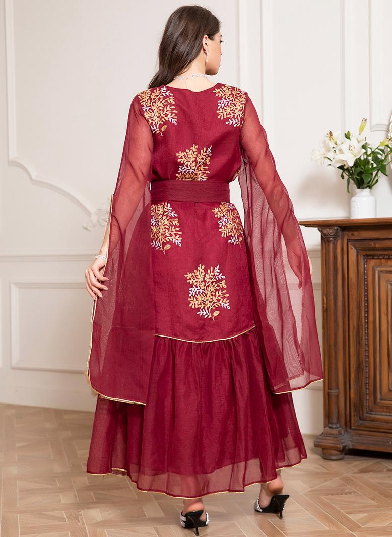 فرايديين انيق دائري زهري تباين اللون حزام تطريز الكم المشقوق قفطان احمر - Image 2