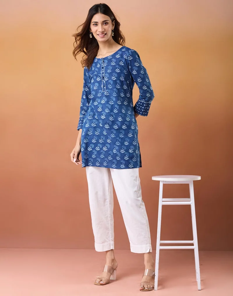 Fabindia  Cotton Slim Fit Dabu Printed Short Kurta for Women | Best Price UAE