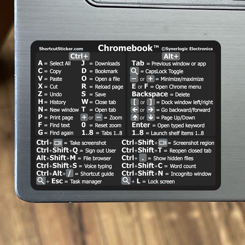 Synerlogic SYNERLOGIC Chrome OS Reference Keyboard Shortcut Sticker  Black Vinyl  Size 3x24 for Any Chromebook Laptop Compatible Brands Google Pixelbook HP Asus Acer Lenovo Samsung Dell Pack of 2