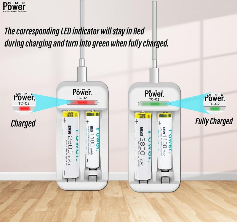 DMK Power AAA NiMH Rechargeable Batteries (2-Pack, 1100mAh, 1.2V) with Dual Slot USB Charger – TC-Q2, for AAA/AA Batteries - Image 4