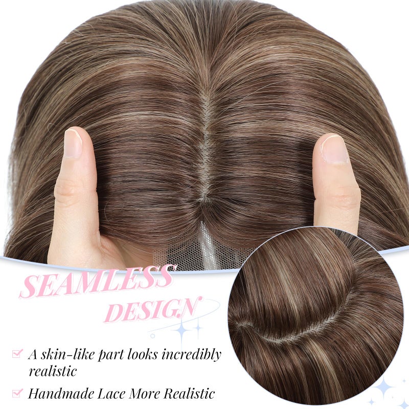 Molefi Hair Toppers for Women with Thinning Hair,18 Inch Long Layered Toppers,Add Volume Synthetic Wiglets Pieces For Women 6.5"x6.5"Large Base for Daily Use (Brown with Ash Brown Highlights) - Image 3